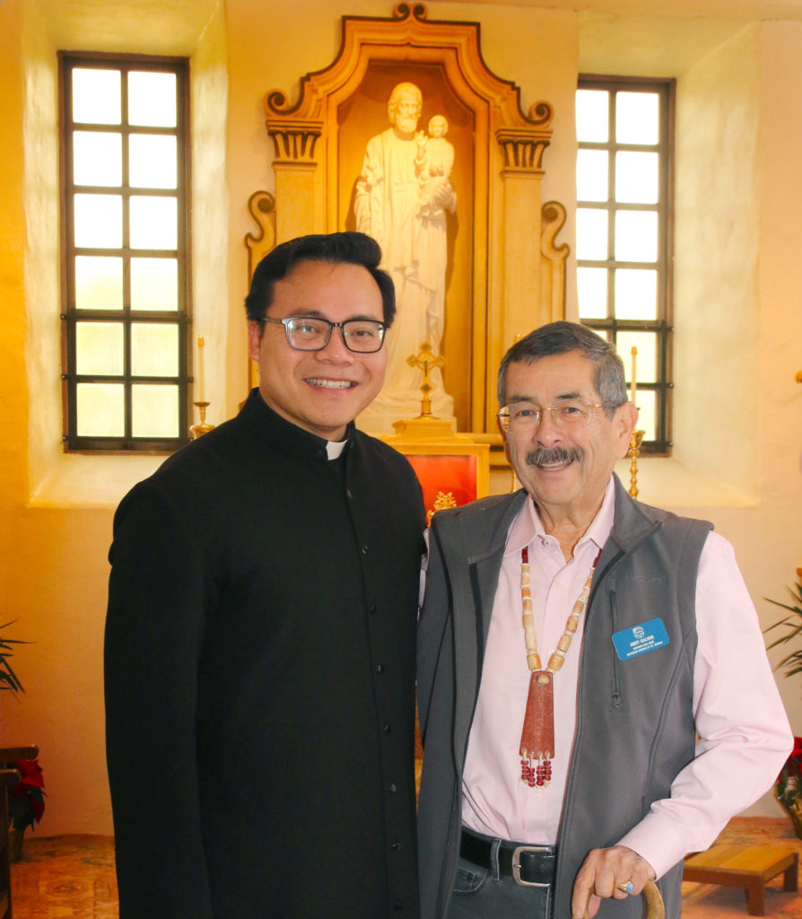 Native American Consultant Andrew Galvan (Right) worked with Fr. Anthony Le (Left) to make sure the museum accurately showed the story of the Ohlone people. Photo credit: Victor Carvellas