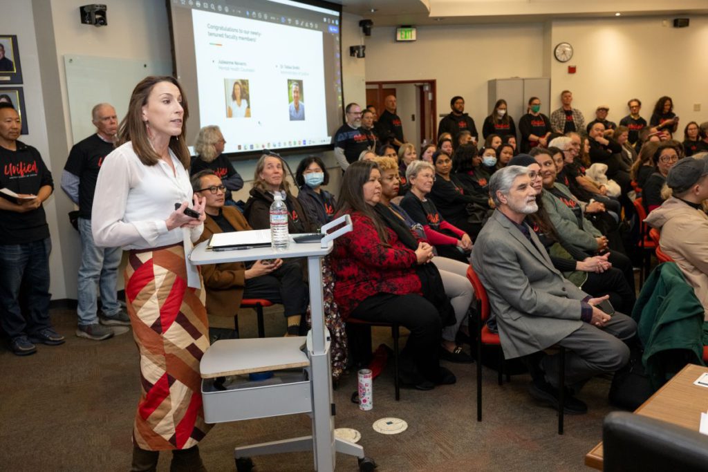 Faculty senate president Katherine Michel congratulated Ohlone professors who made tenure in 2025, and highlighted the lack of full-time faculty. All photos by Paul Mueller