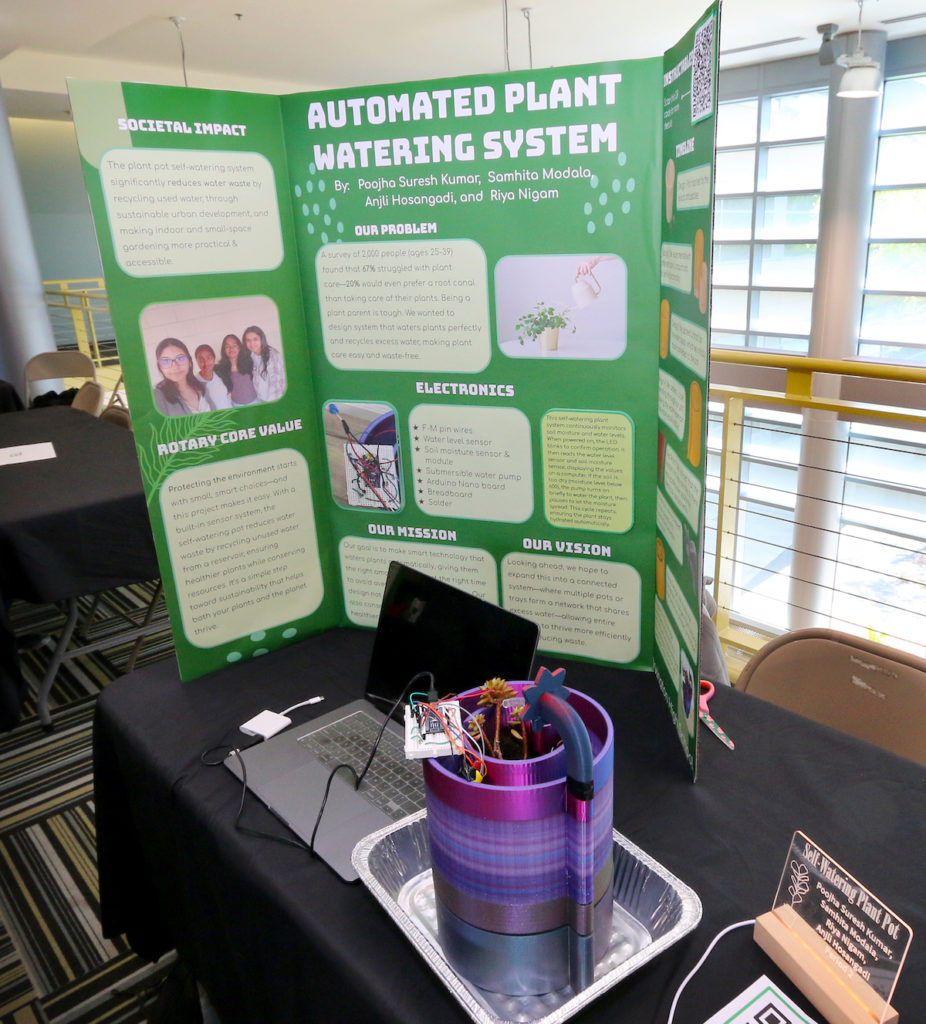 The automated plant watering system took the $1,000 prize. Low moisture triggers the system, which recycles the runoff. Victor Carvellas